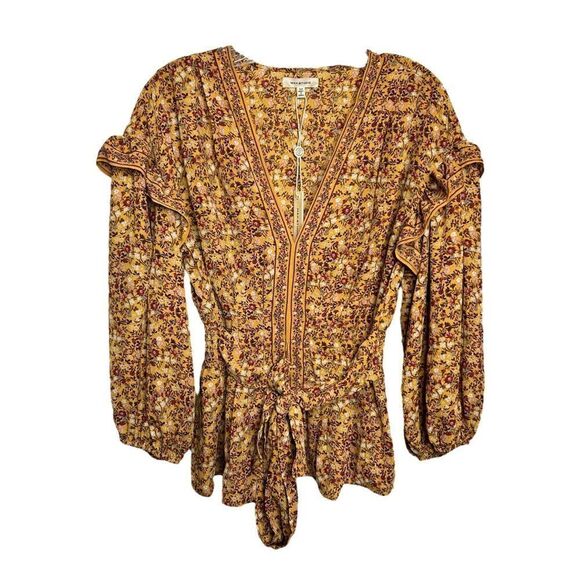 NEW Max Studio Blouse Floral Wrap Top Long Sleeve Ruffled Boho Cinched Women M - Picture 1 of 6